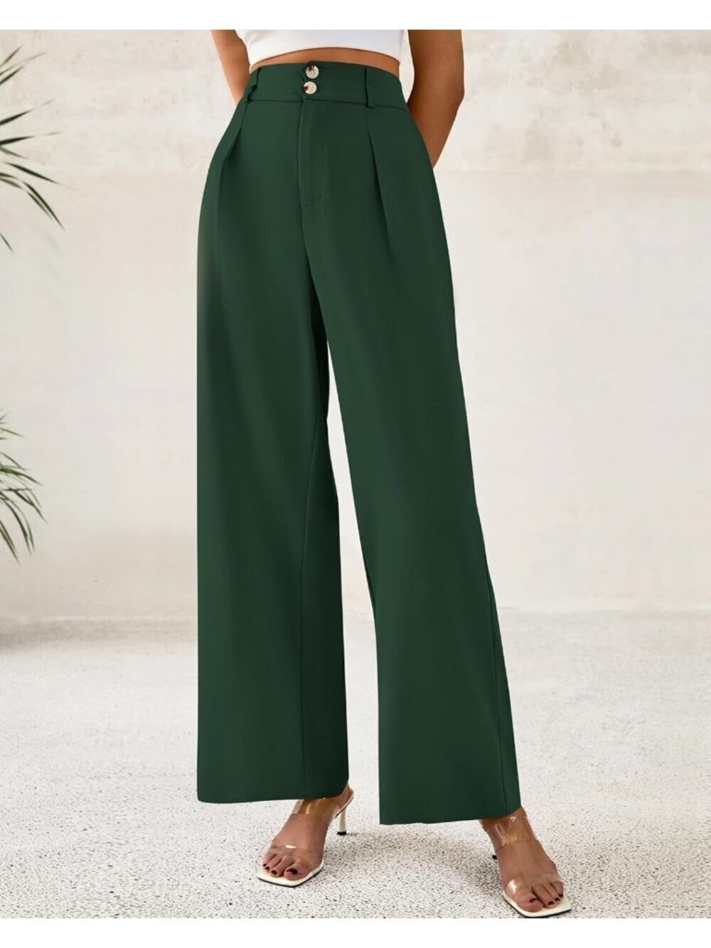 Women's Dark Green High Waisted Button Pleated Business Casual Wide Leg Pants - Picture 2 of 6